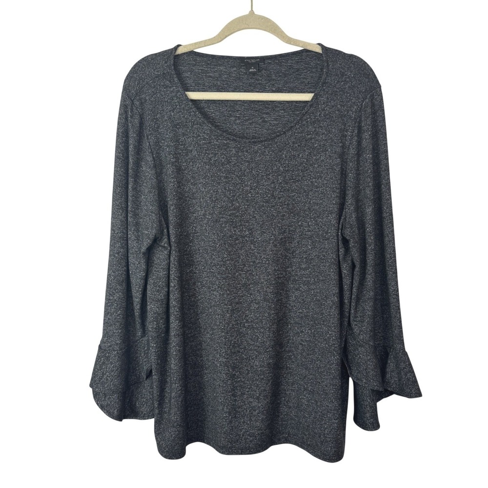 Ann Taylor Knit Tunic Top Womens XL Dark Gray 3/4 Split Tulip Sleeve Pullover